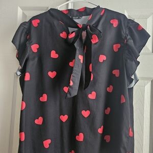 Black Heart Print Tie-Neck Blouse